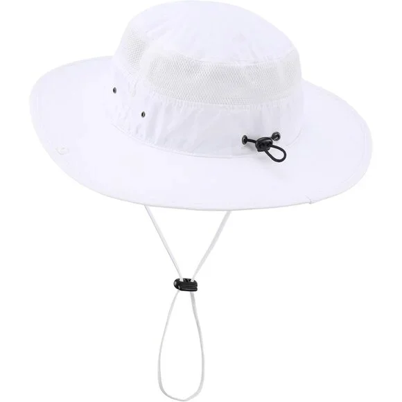 Unisex White 100% Polyester Wide Brim Boonie Mesh With Chin Strap Bucket Sun Hat - Picture 3 of 7